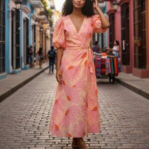 Kate Spade Peach Floral Wrap Midi Dress S6 Flawless!